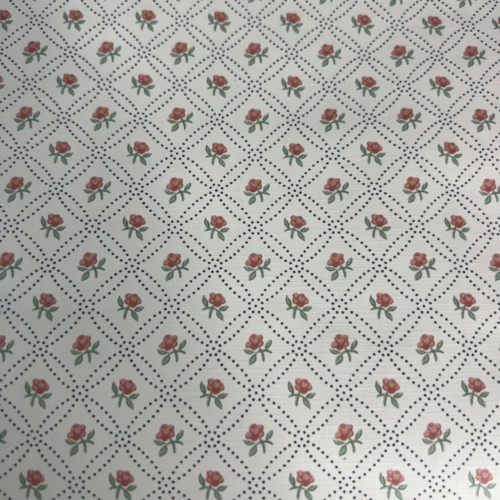 Vintage Floral Trellis Wallpaper Roll Red Rose Bud Dotted Diamond Cream 20.5in
